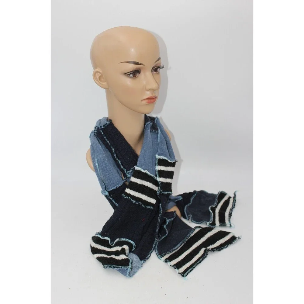 Scarf Upcycled Blue Black White Sweaters Winter Scarf Stripes 8' Long Handmade